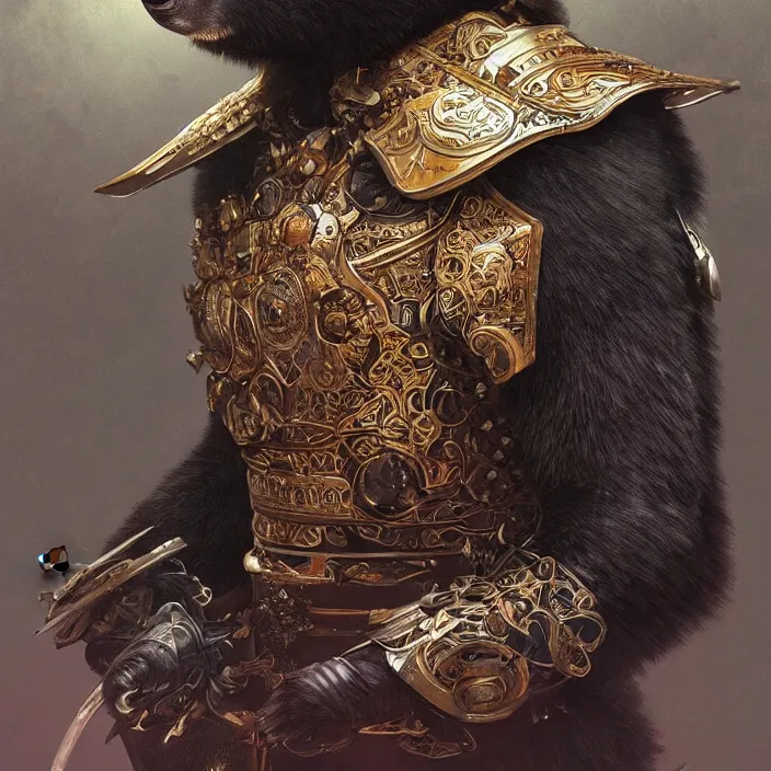 Image similar to ultra realistic illustration, anthropomorphic samurai asian black bear with armor made of stars, sci - fi, fantasy, intricate, elegant, highly detailed, digital painting, artstation, concept art, smooth, sharp focus, illustration, art by artgerm and alphonse mucha