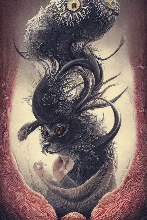 Image similar to a portrait of a symmetrical japanese devil animal illustrated by miyazaki by karol bak, james jean, tom bagshaw, rococo, sharp focus, trending on artstation, cinematic lighting, hyper realism, octane render, 8 k, hyper detailed, vivid, ultra detailed, highly detailed