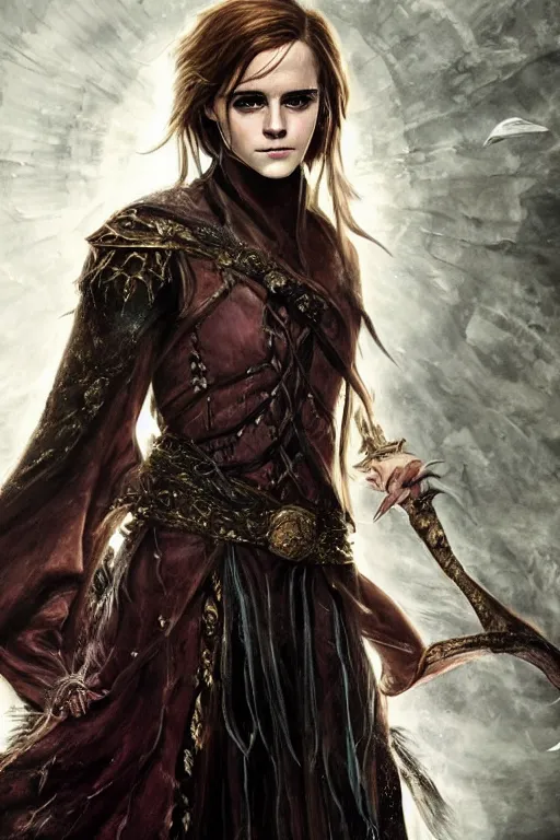 Image similar to beautiful portrait of emma watson as a fantasy dungeons and dragons sorceress wearing arcane magical robes