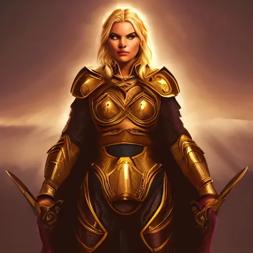 Prompt: front centered symmetrical portrait, Elisha Cuthbert as a paladin, radiant golden armour, dramatic lighting, cinematic, establishing shot, high detail, photo realistic, cinematic lighting, post processed, 8k, concept art, artstation, matte painting, in the style of eddie mendoza, raphael lacoste, alex ross
