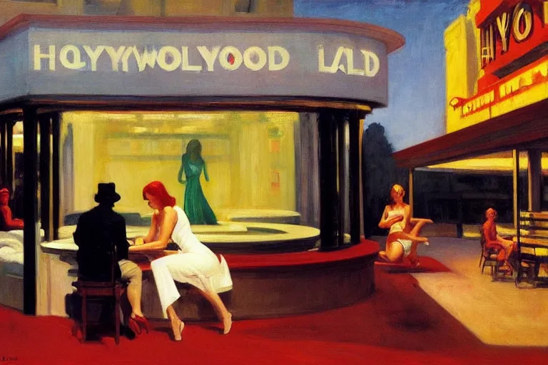 Image similar to hollywood babylon, on the qt, scandal sheet, painting by edward hopper and eric fischl and robert mcginnis