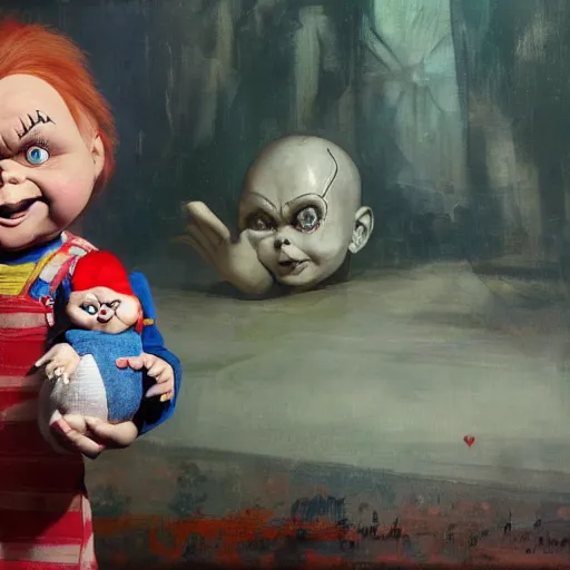 Image similar to chris patt holding the doll chucky, disney land as backdrop, oil painting, by greg rutkowski