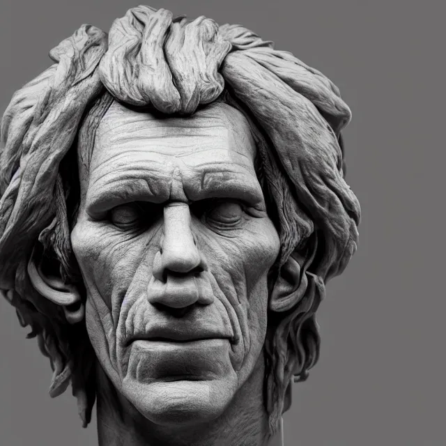 Image similar to photography of a bust of old Keith Richards made of clay by Sebastian Kruger and Michelangelo, wrinkles, 50mm, studio atmosphere, 8K, rim light, octane render, ultra-realistic