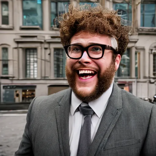 Image similar to seth rogan on a street wearing a suit, laughing, portrait, realistic, city street, detailed, depth of field, sharp focus