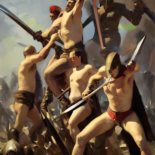 Image similar to greg manchess portrait painting of people stripping over a pile of swords in an arena, medium shot, asymmetrical, profile picture, organic painting, sunny day, matte painting, bold shapes, hard edges, street art, trending on artstation, by huang guangjian, gil elvgren, ruan jia, randy vargas, greg rutkowski