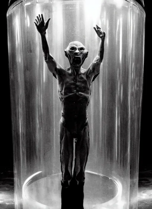 Image similar to a weird humanoid alien is suspended in a tank of dense liquid, hands held up by the pressure inside the tank, tubes coming from the top of the tank connecting to the alien's body, back lit, green glow, 35 mm film photography