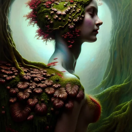 Image similar to a beautiful surreal illustration of dryad highly detailed, liquid oilpaint, doug chiang, gustave dore, leonardo da vinci, trending on artstation, industry, lucid and intricate, rectilinear, digital art, octane, redshift, vray, 8 k, 6 4 megapixels, zbrush central, behance hd, hypermaximalist, well rendered