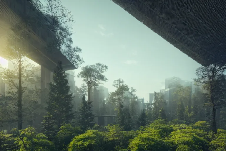 Image similar to a forest, futuristic artificial trees of brutalist architecture, trees covered with greebles, stunning volumetric light, sunset, metal, concrete and wood material, stunning skies, majestic landscape, trending on artstation, 8 k, photorealistic, hyper detailed, unreal engine 5, imax quality, cinematic, epic lighting, in the style of greg rutkowski