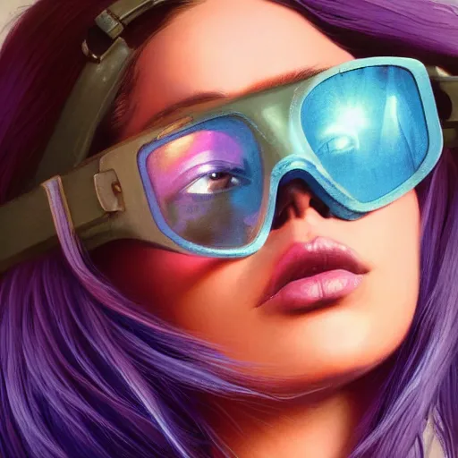 Image similar to very detailed masterpiece closeup painting of a very beautiful young mexican cyberpunk woman with light blue shutter shades, one side haircut, long brown hair with light blue ends, purple leather jacket, beauty mark on cheek, portrait, synthwave background, artstation, concept art by greg rutkowski