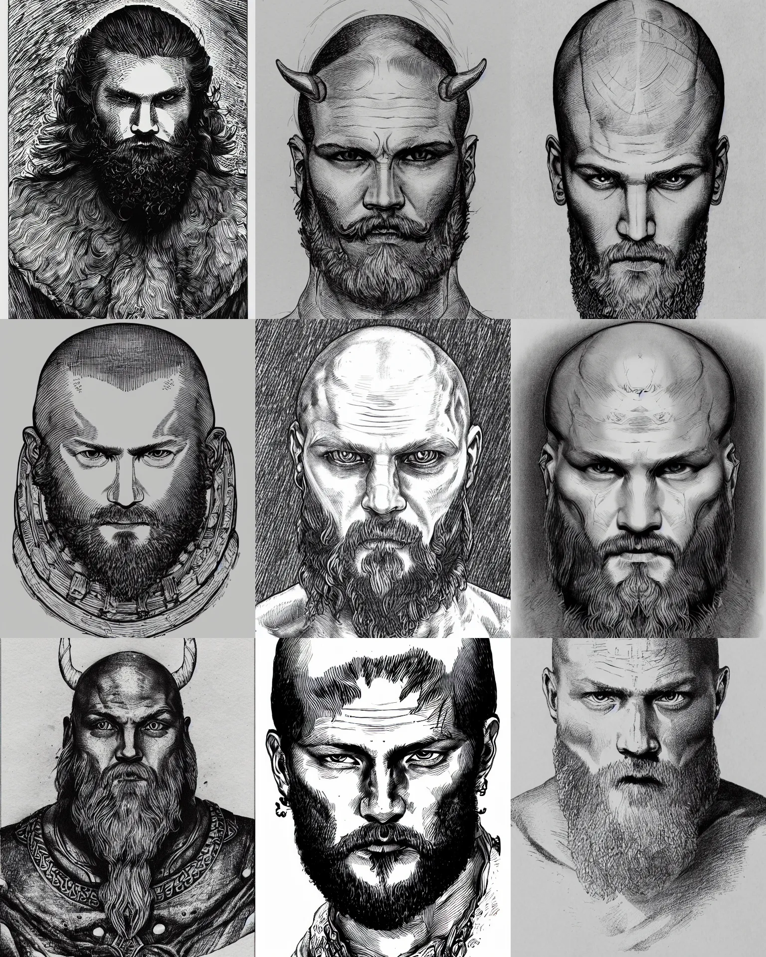 Prompt: detailed ink drawing of a head of a beared bald viking travis fimmel, white wall background, front face symmetrical, trending on artstation by gustave dore