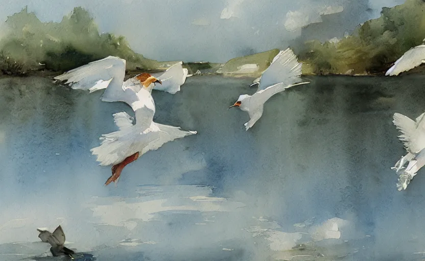 Image similar to watercolor lanscape by anders zorn, flying birds, water, white dress