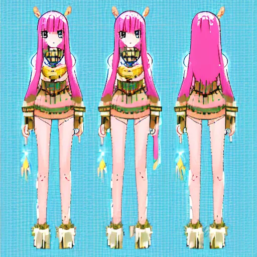 Prompt: pixel art madoka magika boho cute beautiful druid girl spritesheet mystical anime character design full body, scarf, detailed, realistic proportions