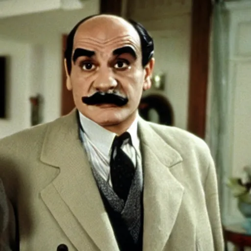 Prompt: scene of the hercule poirot tv serie featuring david suchet without a moustache