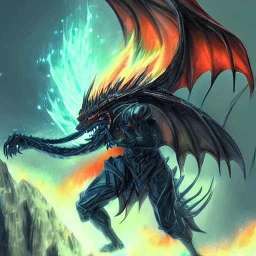 Prompt: full body anime style dragon in humanoid form, bald with a beard made of fire. fantasy style. very punk / alt aesthetic. wings and tail, a highly detailed, digital painting, artstation, concept art, matte, sharp focus, illustration, art by artgerm and greg rutkowski