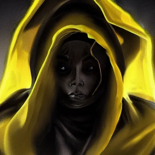 Image similar to An eerie figure wearing frayed yellow hooded robes. Detailed. Black Solar Eclipse in background. Dark Tone. Artstation. Concept art