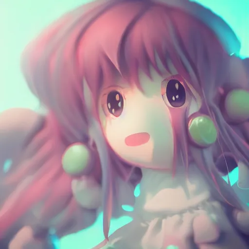 Image similar to cute fumo plush of a girl with a big heart, very long and unkempt hair, stylized pbr, subsurface scattering, outline glow, blob monster anime, bokeh, vray