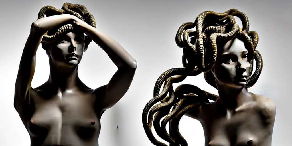 Image similar to modern sculpture, young woman as medusa, multiple poses, prominent jawline