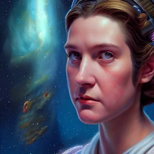 Prompt: epic portrait of young carrie fischer, detailed, nebula skies, digital painting, artstation, concept art, donato giancola, joseph christian leyendecker, wlop, boris vallejo, breathtaking, high details, extremely detailed, sincere face, establishing shot, artistic, hyper realistic, beautiful face, octane render