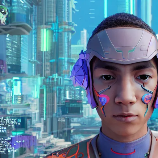 Image similar to in-game screenshot of cyberpunk mixed race boy wearing futuristic headpiece, comic illustration by Josan Gonzalez and Geof Darrow, 3d render, Unreal Engine, octane render, ray tracing, Unity, highly detailed, high quality, HD, 4k, 8k, realistic, sharp, trending