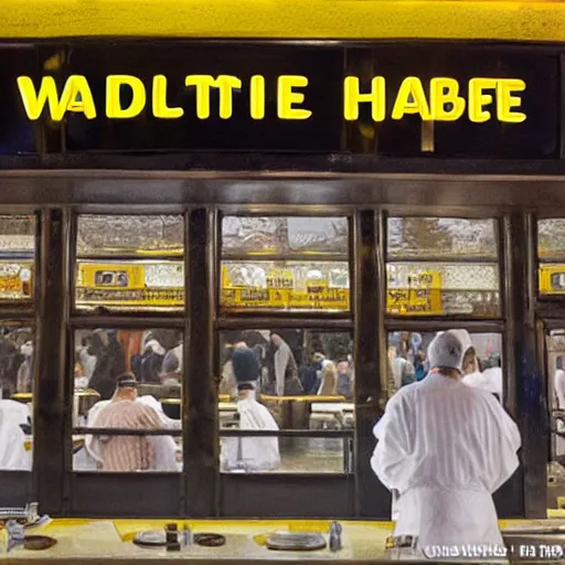 Image similar to waffle house restaurant at the kaaba mecca, realistic