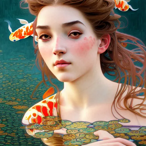 Prompt: Portrait of a girl surrounded by Koi fish, face, fantasy, intricate, elegant, highly detailed, digital painting, artstation, concept art, smooth, sharp focus, illustration, art by Tahir Tanis and Artem Demura and alphonse mucha