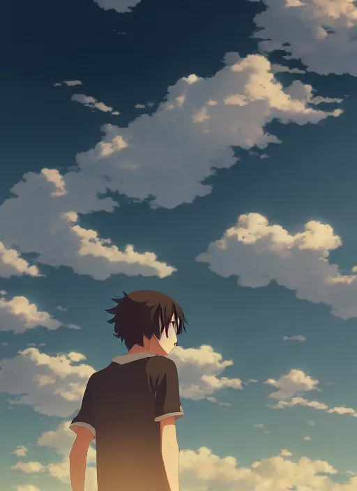 Prompt: daydreaming student, blue sky, daydreams appearing in the clouds, by makoto shinkai