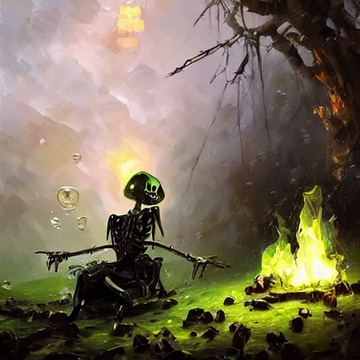 Image similar to A highly detailed oil painting by Greg Rutkowski and Afremov of a skeleton wearing black robes making a potion glowing bright green in a huge bubbling cauldron, highly detailed fantasy concept artwork, very realistic.