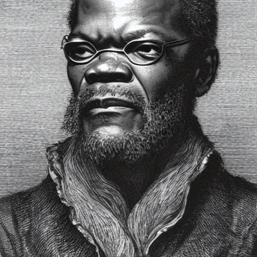 Prompt: a realistic portrait of samuel jackson, illustration by gustave dore