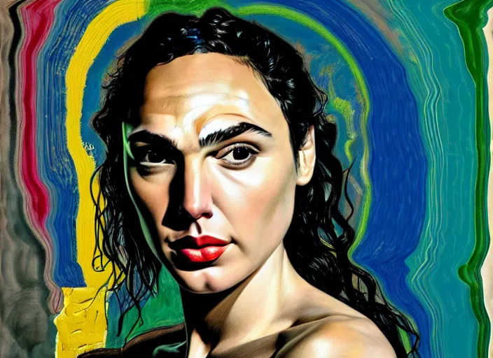 Image similar to portrait of gal gadot, by vincent lefevre and hernan bas and pat steir and hilma af klint, psychological, photorealistic, dripping paint, washy brush, rendered in octane, altermodern, masterpiece