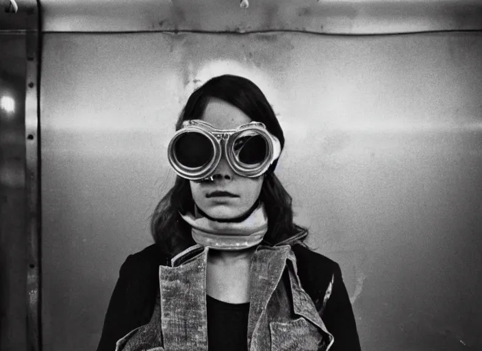 Image similar to close - up portrait of a beautiful woman wearing a choker and welding goggles, in a subway, richard avedon, tri - x pan