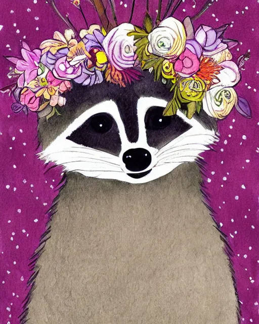 Image similar to a painting of a raccoon wearing a flower crown, a storybook illustration by naomi okubo, pinterest contest winner, furry art, made of flowers, storybook illustration, whimsical, muted colors, white paper background