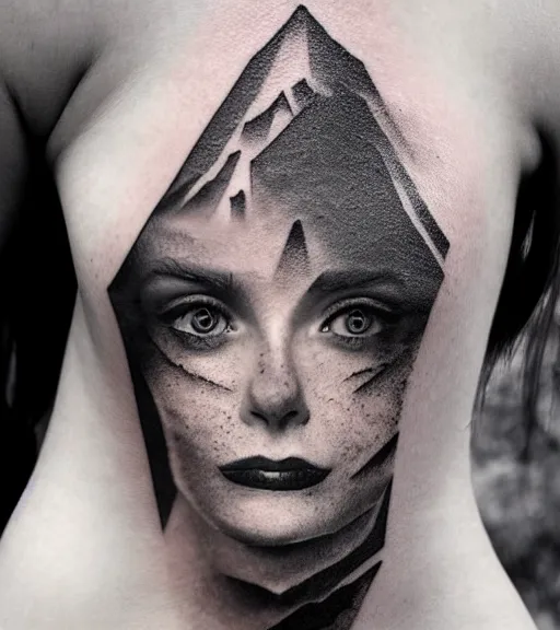 Image similar to double exposure of a hyper realistic mountain scenery with a beautiful woman face, tattoo design sketch, in the style of matteo pasqualin, hyper - realistic, amazing detail, black and white