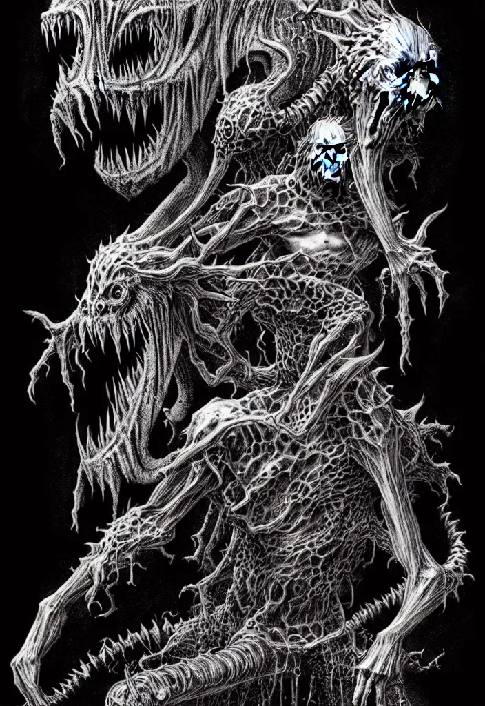 Image similar to a strange eerie magical scary creature in an eerie uncanny hell, translucent neon, horror, concept art, detailed, intricate, award - winning, cinematic, by kentaro miura