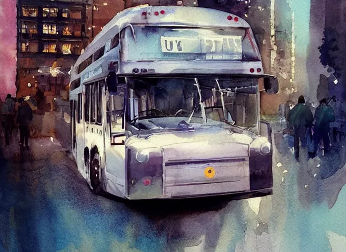 Image similar to concept art of a urban bus, pinterest, artstation trending, behance, watercolor, by coby whitmore, silver, laser light,