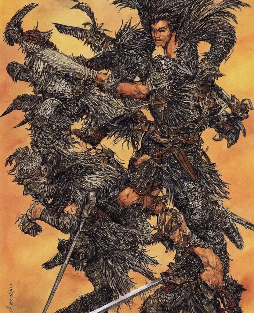 Image similar to dnd art, human fighter wearing armour made of griffon feathers, by larry elmore