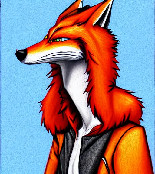 Prompt: expressive stylized master furry artist digital colored pencil painting full body portrait character study of the sergal fox fursona animal person wearing clothes jacket and jeans by master furry artist blotch