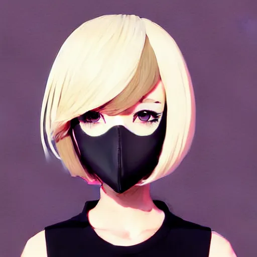 Image similar to urban girl fanart with black facemask, blond bob haircut, muted colors, matte print, pastel colors, ornate, digital art, cute smile, digital painting, fan art, elegant, pixiv, by Ilya Kuvshinov, by Studio Ghibli