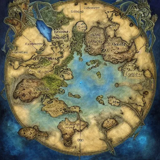 Image similar to simple fantasy map, the land of Odrua, several continents, world of Lute, by JRR Tolkien and Brian Froud, Vatican Map Room, fantasy concept painting, Magic The Gathering Art, trending on art station, showing kingdoms, oceans, continents, vast seas, open plains, thin baroque frame border