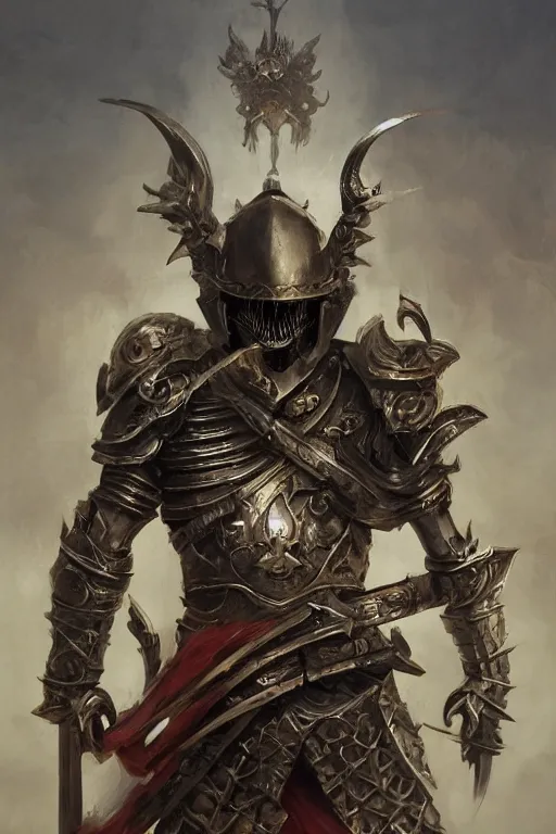 Image similar to portrait of a skeleton with chinese dragon in armor and helmet, majestic, solemn, big sword, wearing helmets and armor with wings, symmetrical, solemn, sacred, aura, art by greg rutkowski, matte painting, trending on artstation