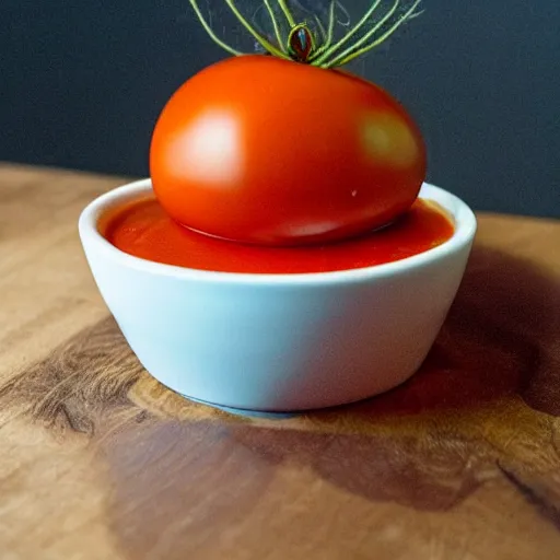 Image similar to bowl of tomato soup balancing on donald trumps head,