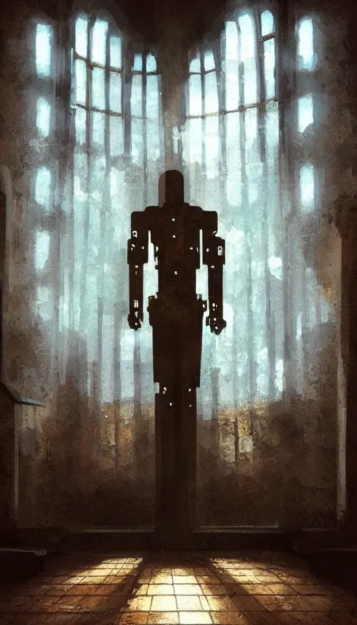 Prompt: portrait of broken humanoid metal robot praying in empty church, sunshine through window, bladerunner, cold color scheme, digital illustration, artstation, cinematic composition