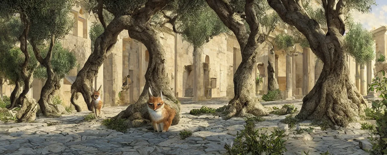 Image similar to cute fluffy caracal wearing toga, in ancient greek town, marble columns, olive trees, sunny, a beautiful landscape by gediminas pranckevicius