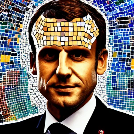 Prompt: portrait mosaic of Emmanuel macron with robot eyes, 4k, intricate details, digital, sun in the background