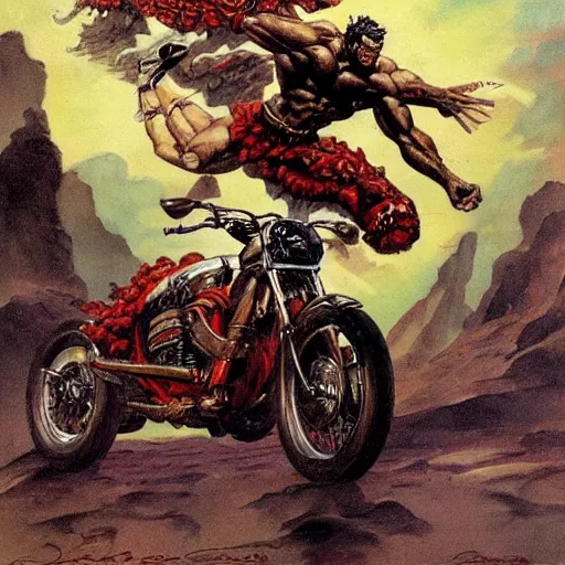 Prompt: muscular man riding motorcycle flying through the air from demons, into glory ride, artwork by Frank Frazetta