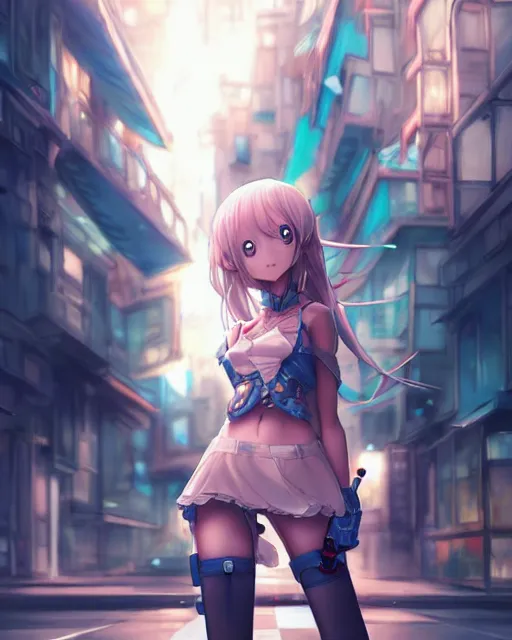 Prompt: concept art of a anime girl with robotic limbs, standing in a city center | | cute - fine - fine details by stanley artgerm lau, wlop, rossdraws, and sakimichan, trending on artstation, brush strokes