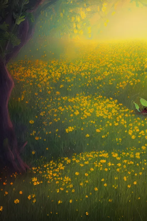 Prompt: beautiful digital matter cinematic painting of whimsical botanical illustration of buttercups scene by greg rutkowki and alena aenami artstation