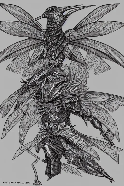 Image similar to armoured warrior hummingbird monster, symmetrical, highly detailed, digital art, hummingbird themed armour, sharp focus, trending on art station, kentaro miura manga art style