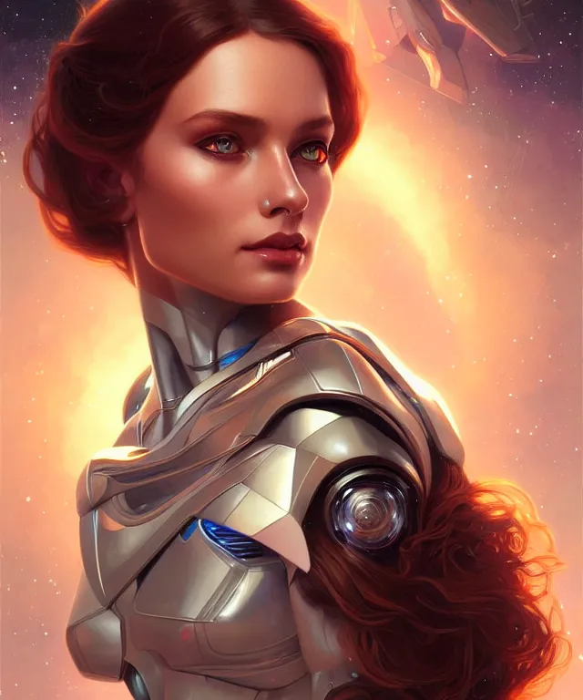 Image similar to futuristic space woman portrait, sci-fi, amber eyes, face, long hair, fantasy, intricate, elegant, highly detailed, digital painting, artstation, concept art, smooth, sharp focus, illustration, art by artgerm and greg rutkowski and alphonse mucha