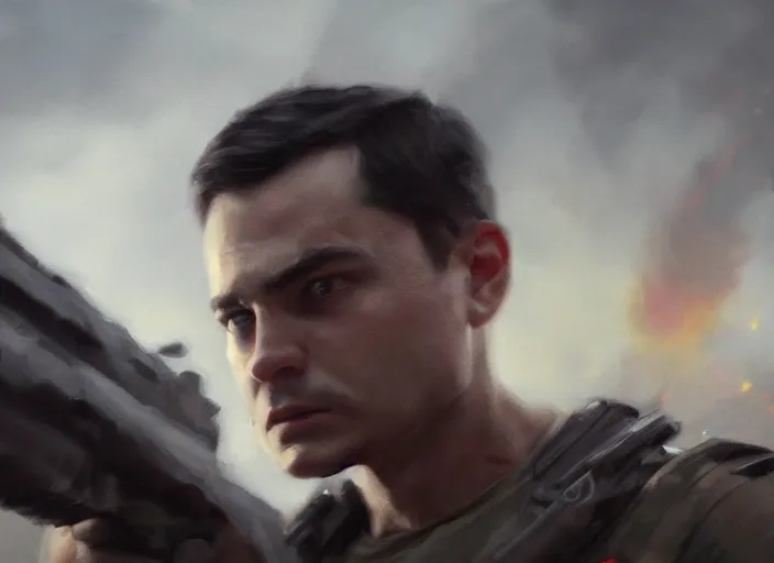 Image similar to close up cinematic artwork of Ben shapiro staring down the enemy on the battlefield by Greg Rutkowski, 4k, masterpiece