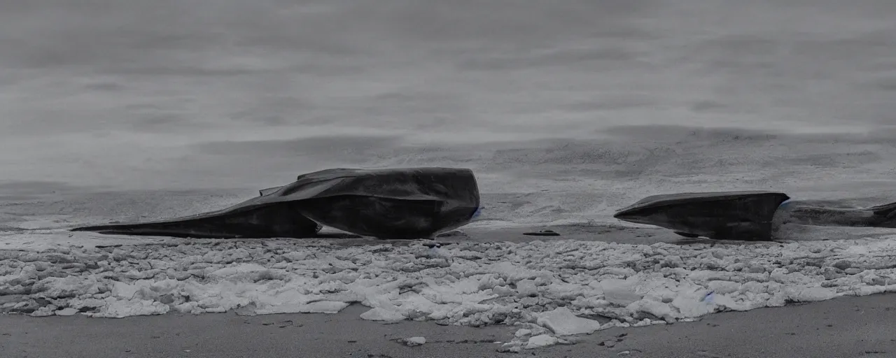 Image similar to cinematic shot of giant symmetrical futuristic military spacecraft in the middle of an endless black sand beach in iceland with icebergs in the distance,, 2 8 mm